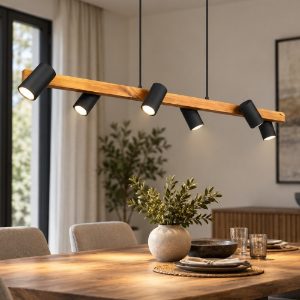Lampadario rettangolare nero opaco legno per tavolo da pranzo 6 luci
