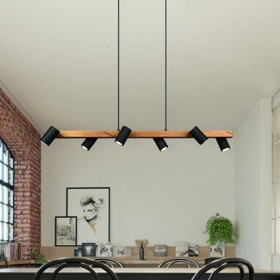 Lampadario rettangolare nero opaco legno per tavolo da pranzo 6 luci