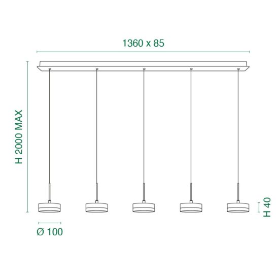 Fabas luce dunk lampadario led 40w 3000k dimmerabile 5 luci per cucina moderno a sospensione alluminio spazzolato