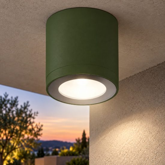 Faretto led 8,5w 3000k ip65 da esterno soffitto moderno cilindrico verde oliva