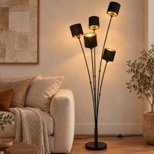 Lampada da terra piantana nera per soggiorno 4 paralumi
