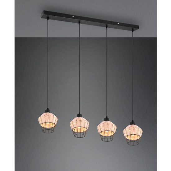 Lampadario per tavolo da pranzo naturale rattan 4 luci