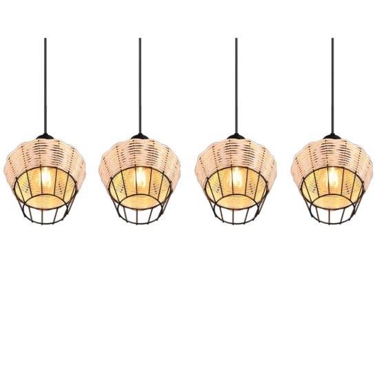 Lampadario per tavolo da pranzo naturale rattan 4 luci