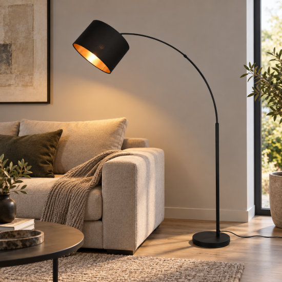 Piantana lampada da terra per tavolo da pranzo led 4w 2700k ad arco nero opaco