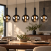 Lampadario per tavolo da pranzo a sospensione nero 4 sfere vetro
