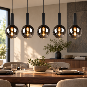 Lampadario per tavolo da pranzo a sospensione nero 4 sfere vetro