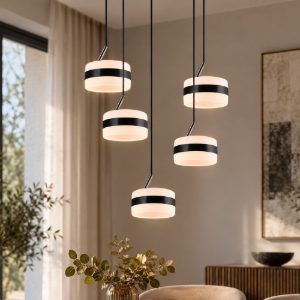 Lampadario led 8w cct 2300k 4000k dimmerabile 5 luci rotondo nero opaco a sospensione