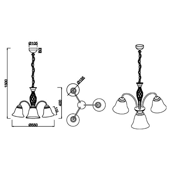 Lampadario per tavolo da pranzo rustico 3 luci ruggine vetro