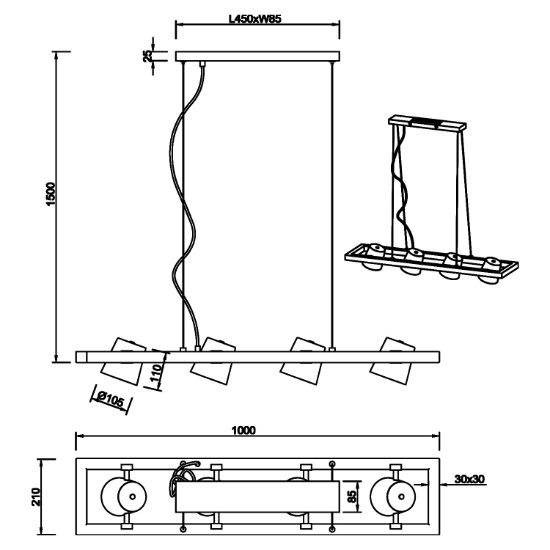 Lampadario per tavolo da pranzo legno 4 luci orientabili