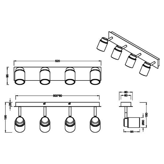Plafoniera da bagno spot orientabili nero opaco