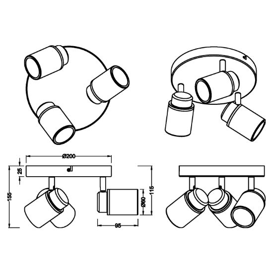 Plafoniera per bagno cromo 3 luci orientabili ip44