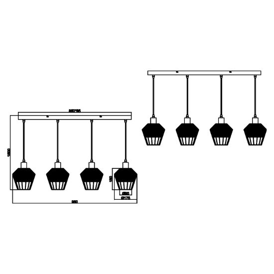 Lampadario per tavolo da pranzo naturale rattan 4 luci