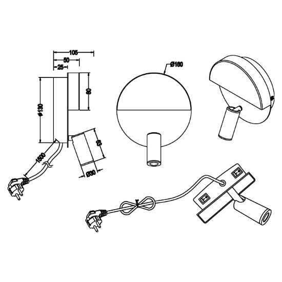 Applique per comodino camera da letto tonda bianco led 8,3w 3000k orientabile