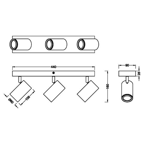 Plafoniera con spot orientabili gu10 cilindrico nero opaco legno da soffitto