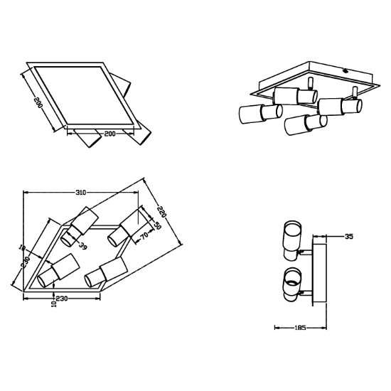 Plafoniera da soffitto 4 faretti orientabili led 4,3w 3000k