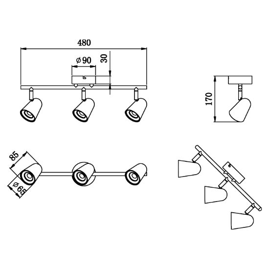 Plafoniera con 3 faretti orientabili led 3x3,5w 3000k nero