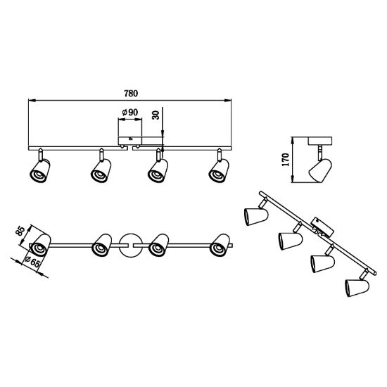 Plafoniera con 4 faretti bianca opaca led 4x3,5w 3000k