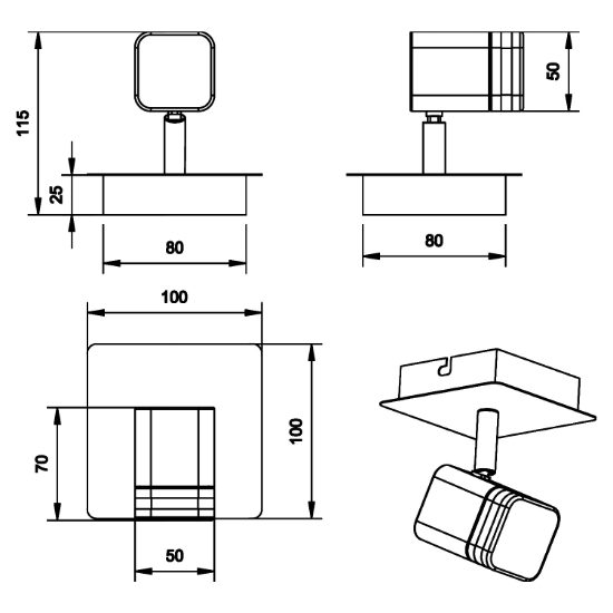Applique da comodino per camera da letto quadrata nichel led 3,5w 3000k