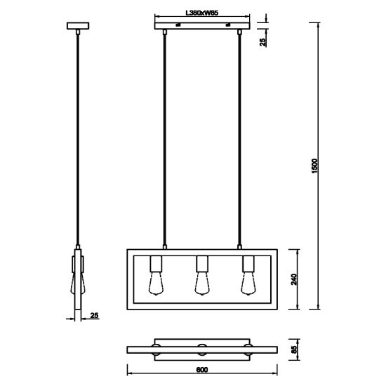 Lampadario per tavolo da pranzo 3 luci industrial nero legno