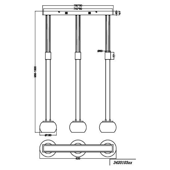 Lampadario a led tre luci per soggiorno nero vetri cromati dimmerabile 24w 3000k