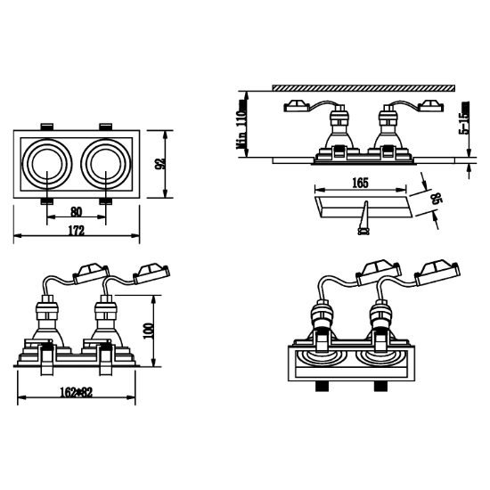 Faretto doppio orientabile da incasso per controsoffitto rettangolare nero opaco