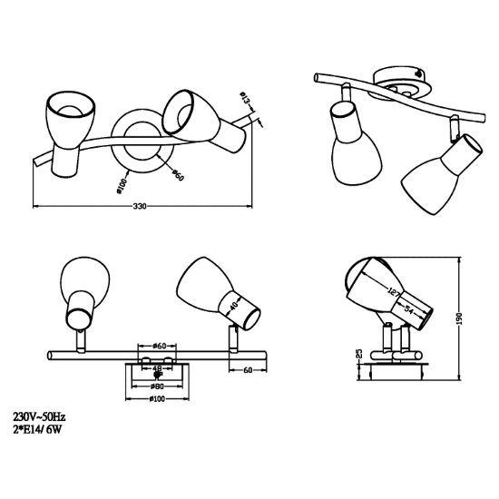 Plafoniera con 2 faretti orientabili ottone satinato
