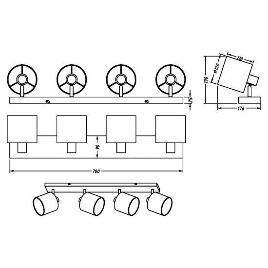 Plafoniera con 4 faretti led orientabili nichel