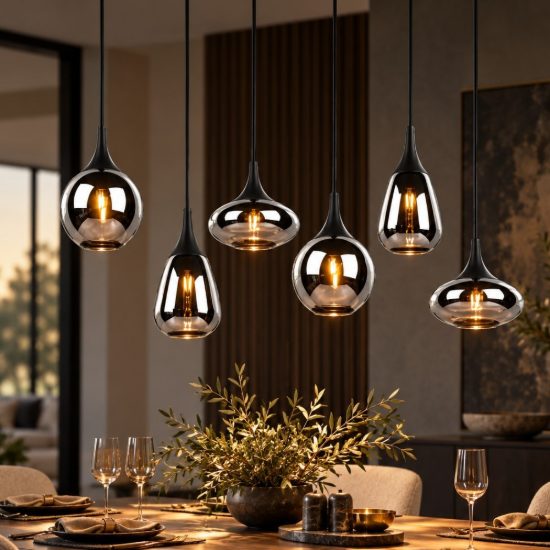 Lampadario per tavolo da pranzo nero vetro 6 luci
