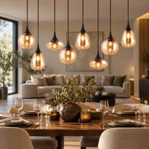 Lampadario per tavolo da pranzo rettangolare nero opaco vetro 8 luci