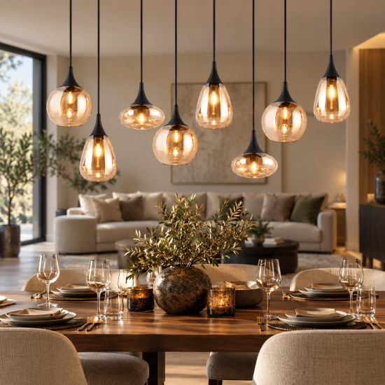Lampadario per tavolo da pranzo rettangolare nero opaco vetro 8 luci