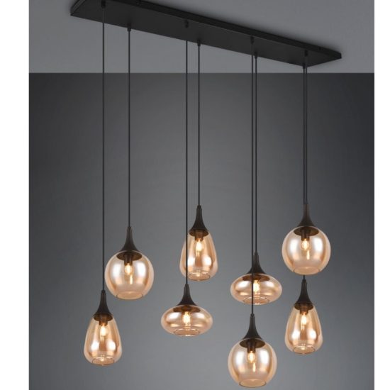 Lampadario per tavolo da pranzo rettangolare nero opaco vetro 8 luci
