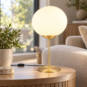 Lampada da tavolo contemporanea sfera ottone satinato vetro