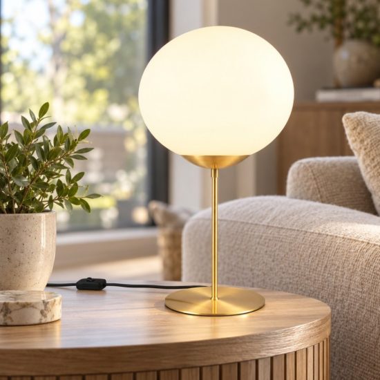 Lampada da tavolo contemporanea sfera ottone satinato vetro