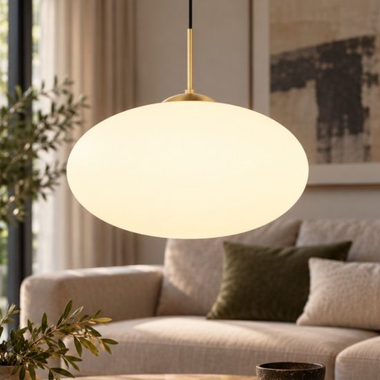 Lampadario per salotto moderno sfera vetro ovale ottone satinato
