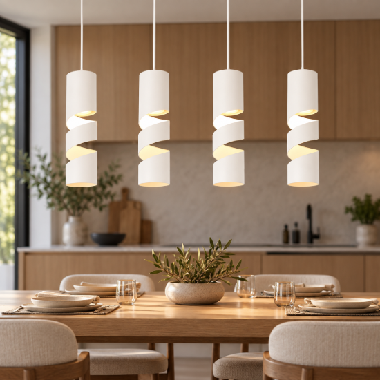 Lampadario led 4,9w 3000k 4 luci a sospensione cilindrico bianco satinato