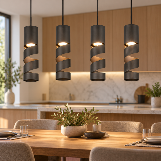 Lampadario moderno 4 luci cilindri neri per tavolo da pranzo