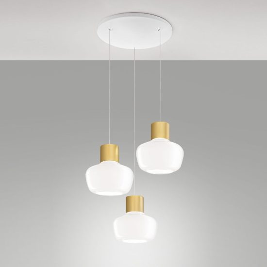 Fabas luce kino lampadario moderno tre luci vetro bianco led 36w 3000k dimmerabile