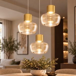 Fabas kino lampadario moderno a sospensione 3 luci vetro cognac led 36w 3000k dimmerabile
