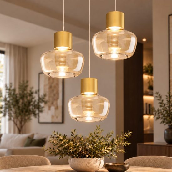 Fabas kino lampadario moderno a sospensione 3 luci vetro cognac led 36w 3000k dimmerabile