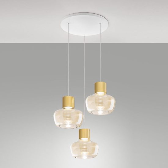 Fabas kino lampadario moderno a sospensione 3 luci vetro cognac led 36w 3000k dimmerabile