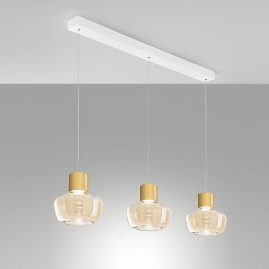 Fabas lampadario per cucina kino tre luci vetro cognac led 36w 3000k 3 luci dimmerabile
