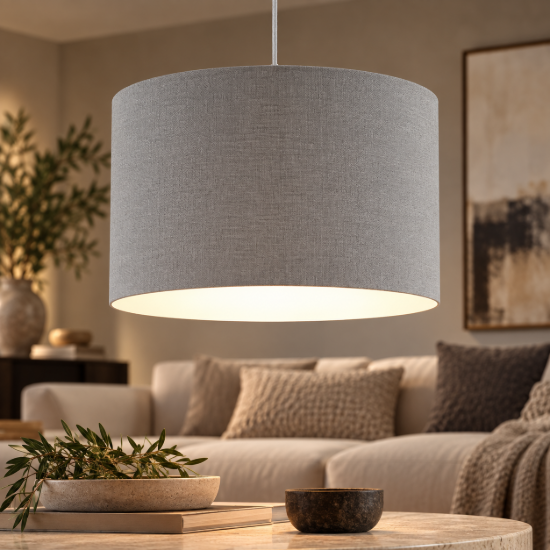 Lampadario paralume in tessuto per soggiorno a sospensione grigio