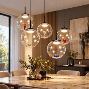 Fabas luce ariel lampadario moderno 5 sfere vetro led 35w cct 2700k 3000k 4000k  dimmerabile