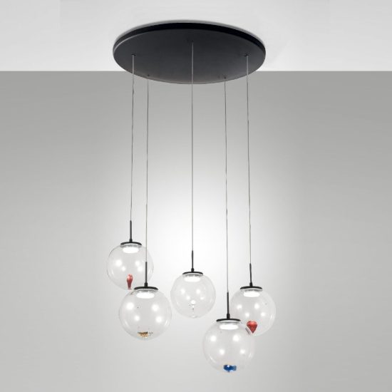 Fabas luce ariel lampadario moderno 5 sfere vetro led 35w cct 2700k 3000k 4000k  dimmerabile