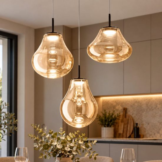 Fabas  deva lampadario da cucina tre luci vetro ambra led 42w cct 2700k 3000k 4000k dimmerabile