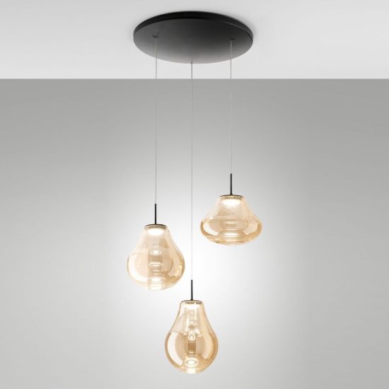 Fabas  deva lampadario da cucina tre luci vetro ambra led 42w cct 2700k 3000k 4000k dimmerabile