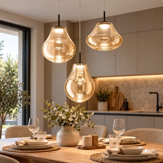 Fabas  deva lampadario da cucina tre luci vetro ambra led 42w cct 2700k 3000k 4000k dimmerabile