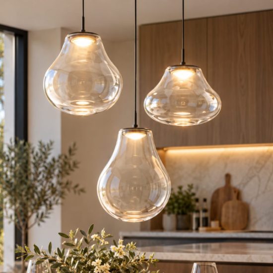 Fabas lampadario diva per cucina moderna tre luci vetro trasparente led 42w cct 2700k 3000k 4000k dimmerabile