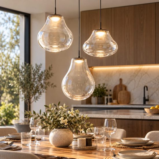 Fabas lampadario diva per cucina moderna tre luci vetro trasparente led 42w cct 2700k 3000k 4000k dimmerabile