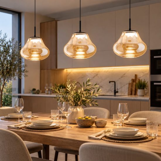 Fabas da cucina tre luci vetro ambra led 42w cct 2700k 3000k 4000k dimmerabile